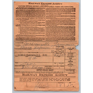 1944 Railway Express Agency Receipt Madisonville TN Ephemera Waybill
