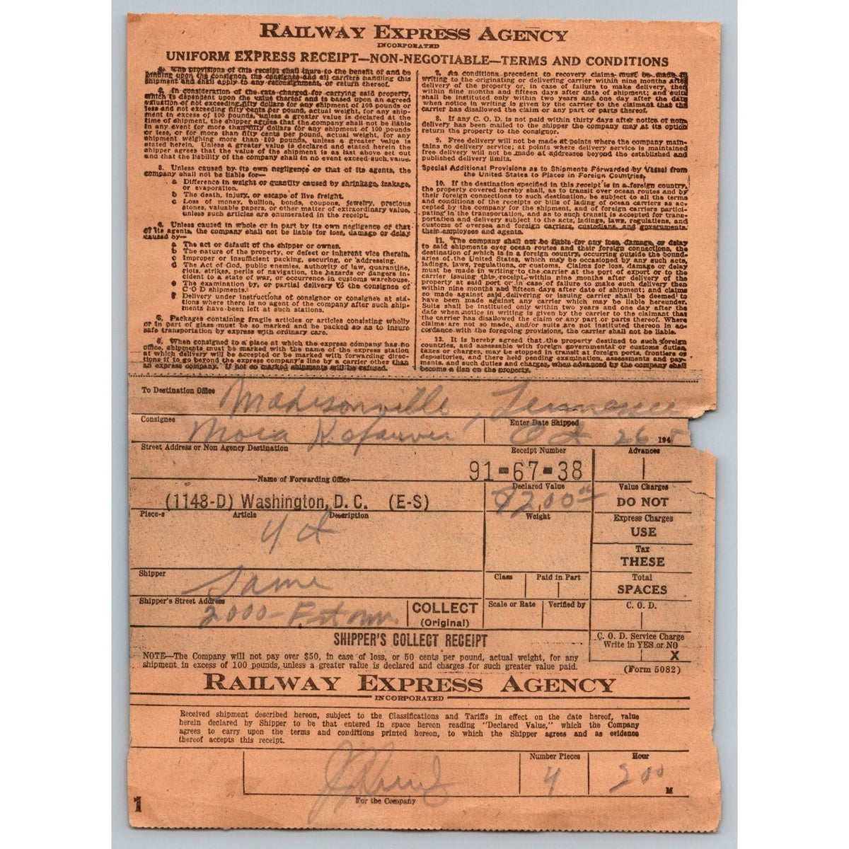 1944 Railway Express Agency Receipt Madisonville TN Ephemera Waybill