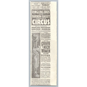 1933 Ringling Bros Barnum & Bailey Circus Chicago Giraffe Neck Women Ad