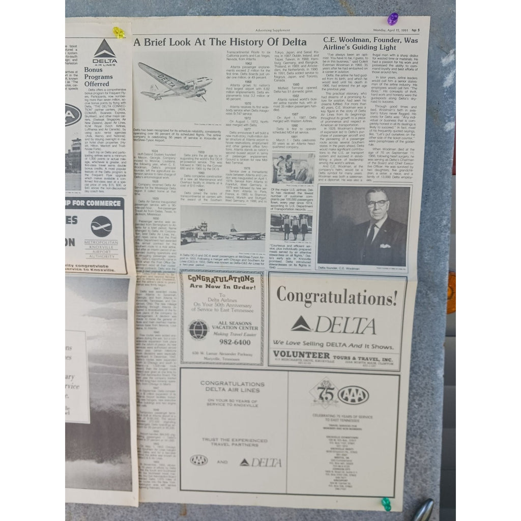Delta Air Lines 50 Years Service Knoxville 1991 Newspaper Article Stewardess Art