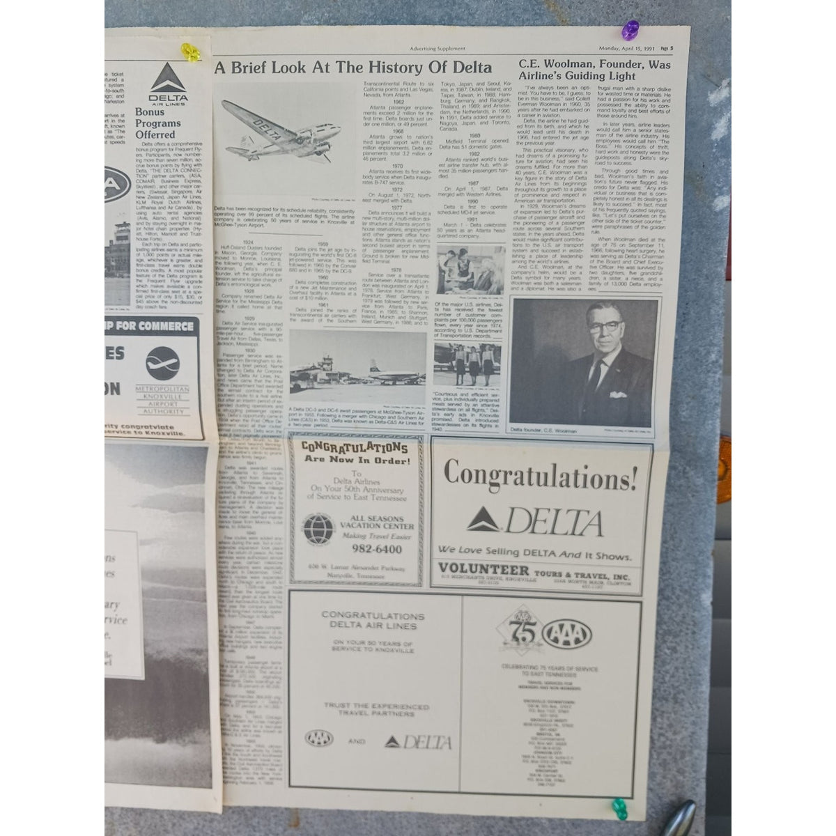 Delta Air Lines 50 Years Service Knoxville 1991 Newspaper Article Stewardess Art