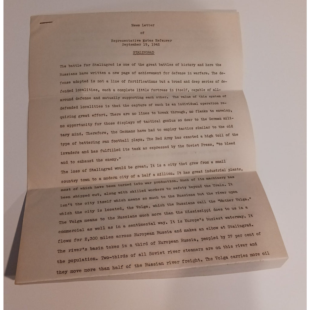 1942 Estes Kefauver News Letter Stalingrad WWII Congressional Ephemera