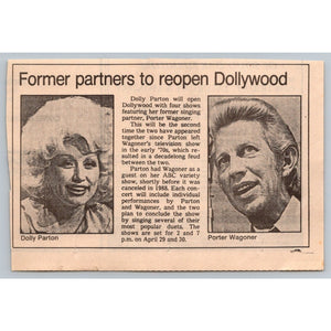 Dolly Parton Porter Wagoner Dollywood Reunion 1989 Newspaper Article Ephemera