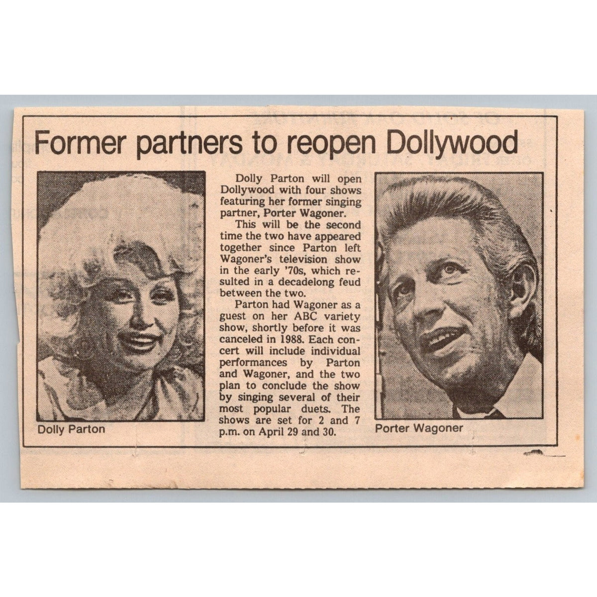 Dolly Parton Porter Wagoner Dollywood Reunion 1989 Newspaper Article Ephemera