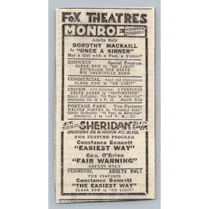 1931 Fox Theatres Movie Listing Clara Bow Greta Garbo Constance Bennett
