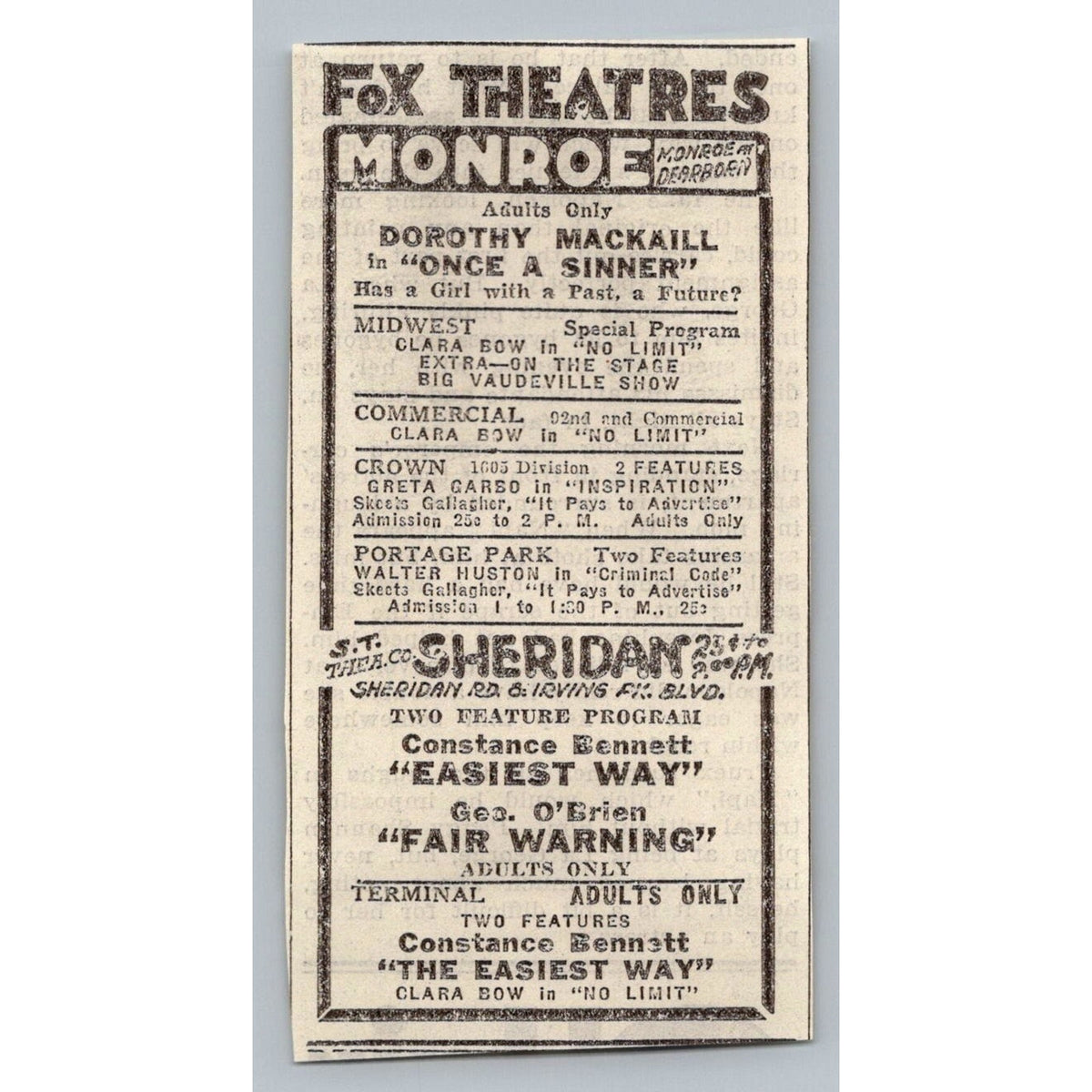 1931 Fox Theatres Movie Listing Clara Bow Greta Garbo Constance Bennett