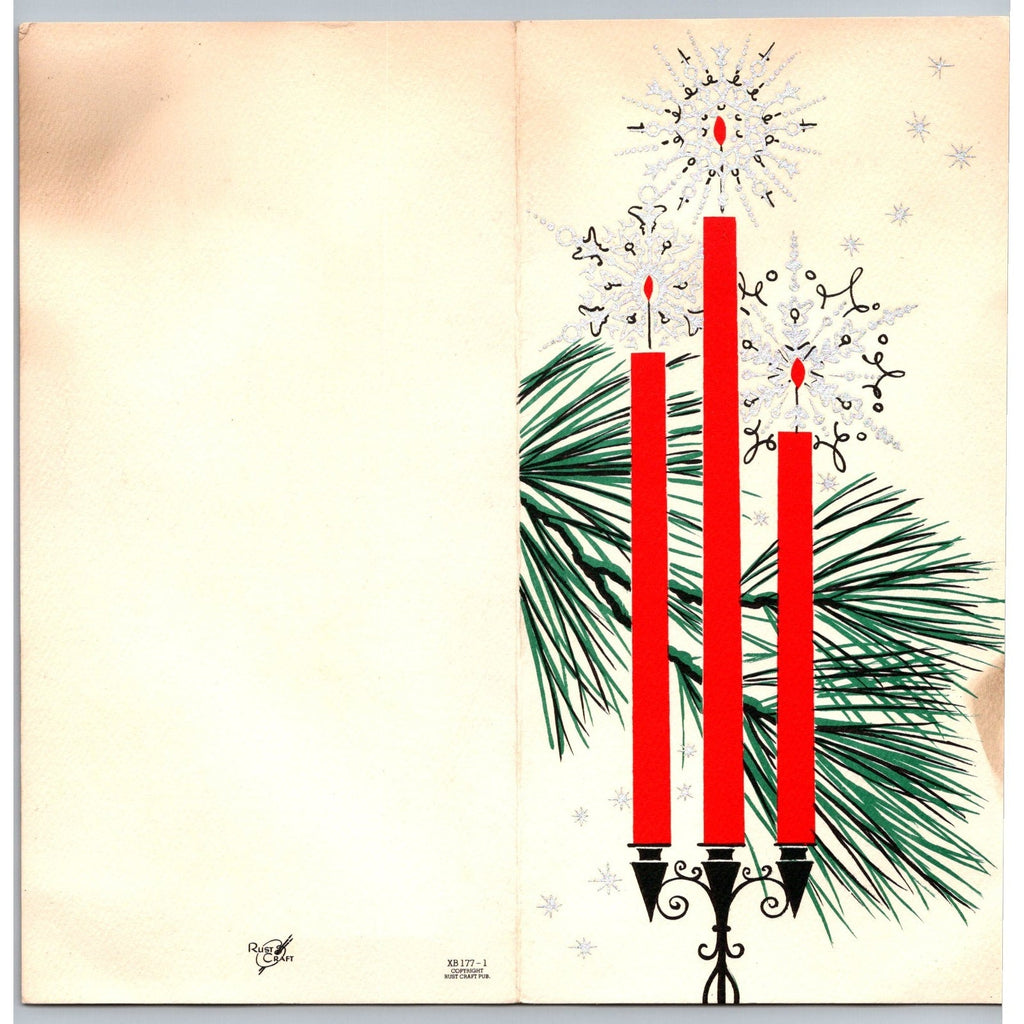 1950s Red Candles Snowflakes Pine Vintage Rust Craft MCM Christmas Greeting Card