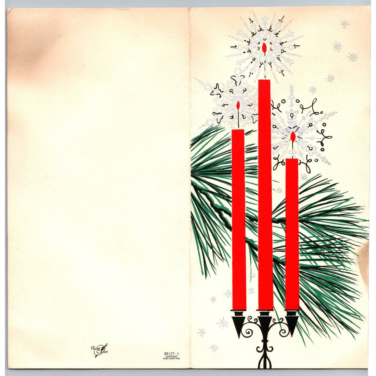 1950s Red Candles Snowflakes Pine Vintage Rust Craft MCM Christmas Greeting Card