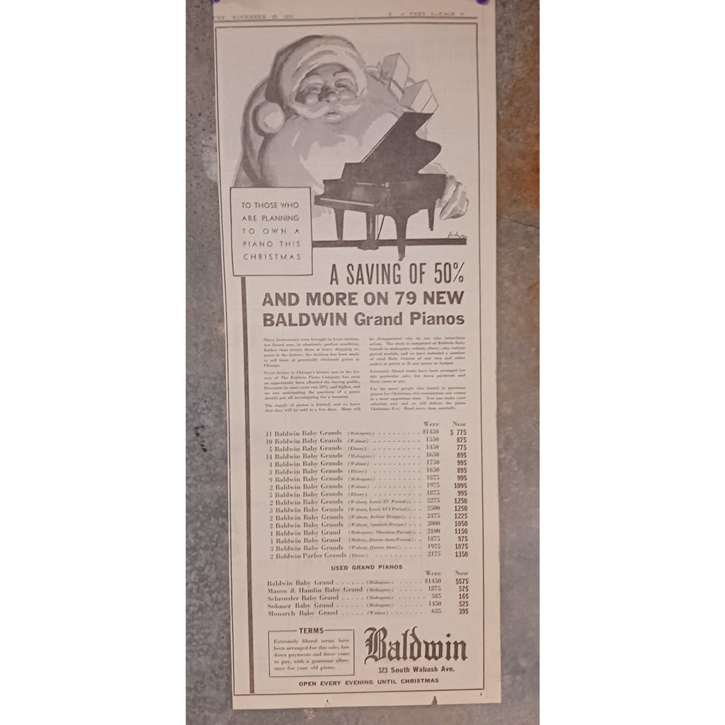 1931 Baldwin Grand Piano Christmas Print Ad Chicago Ephemera Santa Claus Music