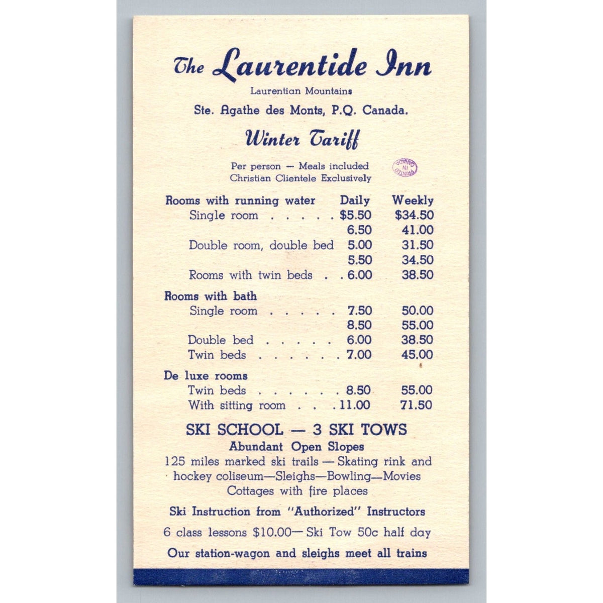 Laurentide Inn Winter Tariff Flyer Ste Agathe des Monts Quebec Skiing Ephemera