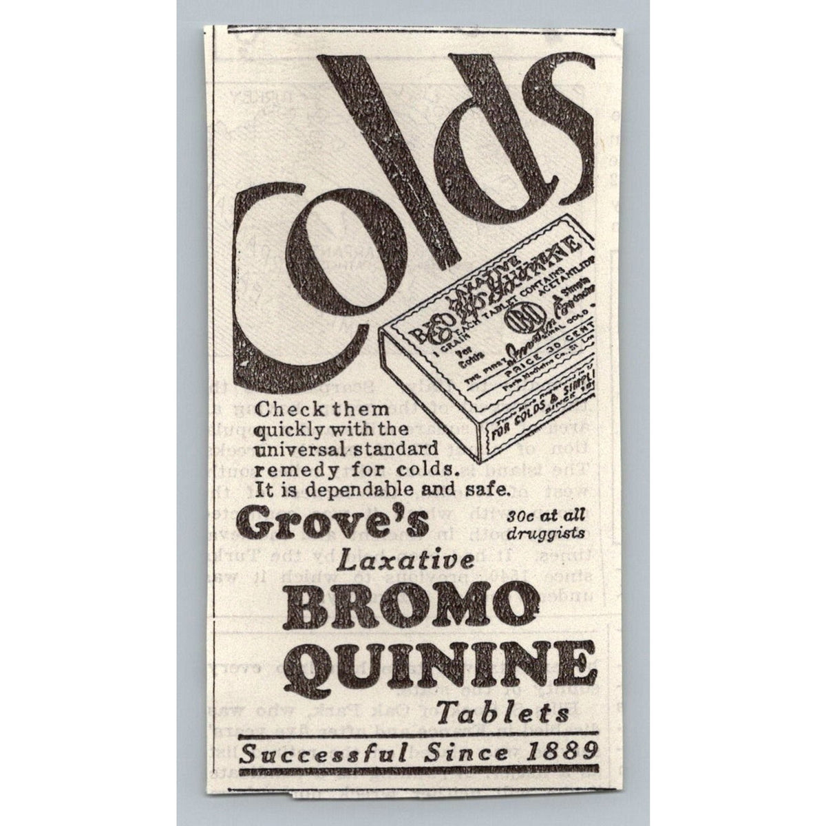 1930 Grove's Laxative Bromo Quinine Tablets Newspaper Ad Paris Medicine Co.
