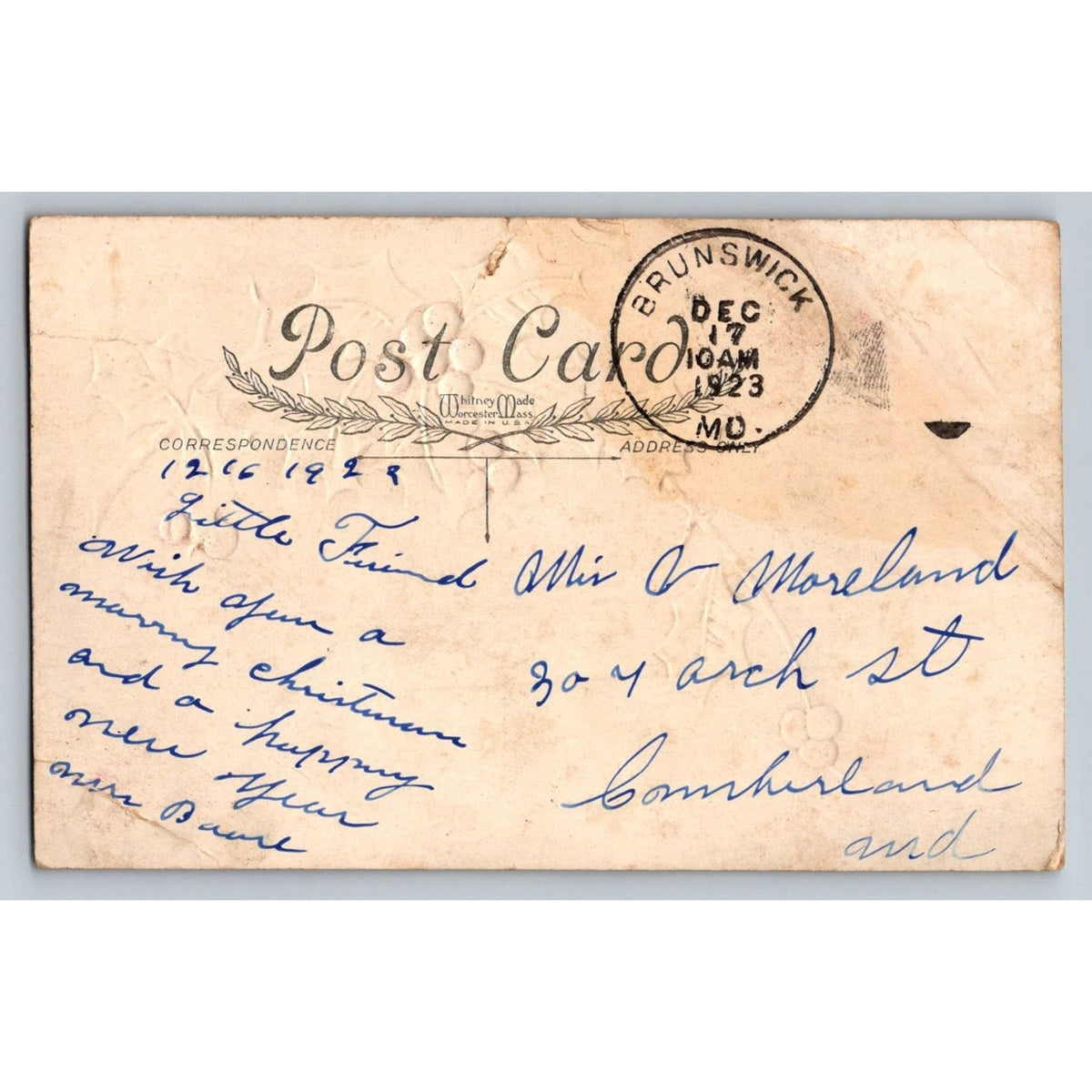 1923 Whitney Made Embossed Holly Merry Christmas Postcard Brunswick MO Postmark