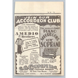 1930 Chicago C G Conn Accordion Club & Soprani Piano Ad Ephemera Wjjd Radio