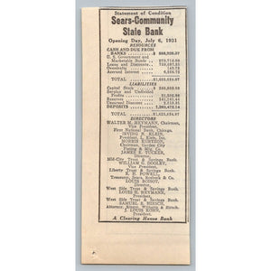 1931 Sears Community State Bank Chicago Opening Day Financial Statement Ephemera
