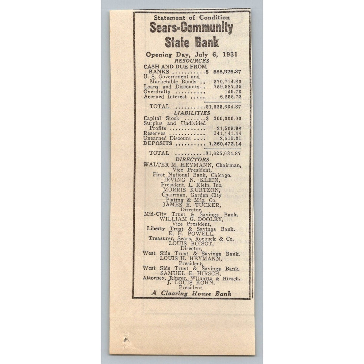 1931 Sears Community State Bank Chicago Opening Day Financial Statement Ephemera