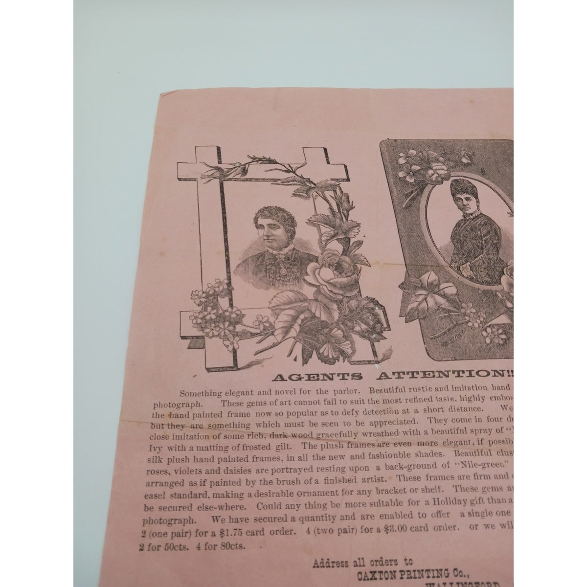 1870s 1880s Antique Victorian Caxton Printing Co Conn Photo Frame Agent Ad Flyer