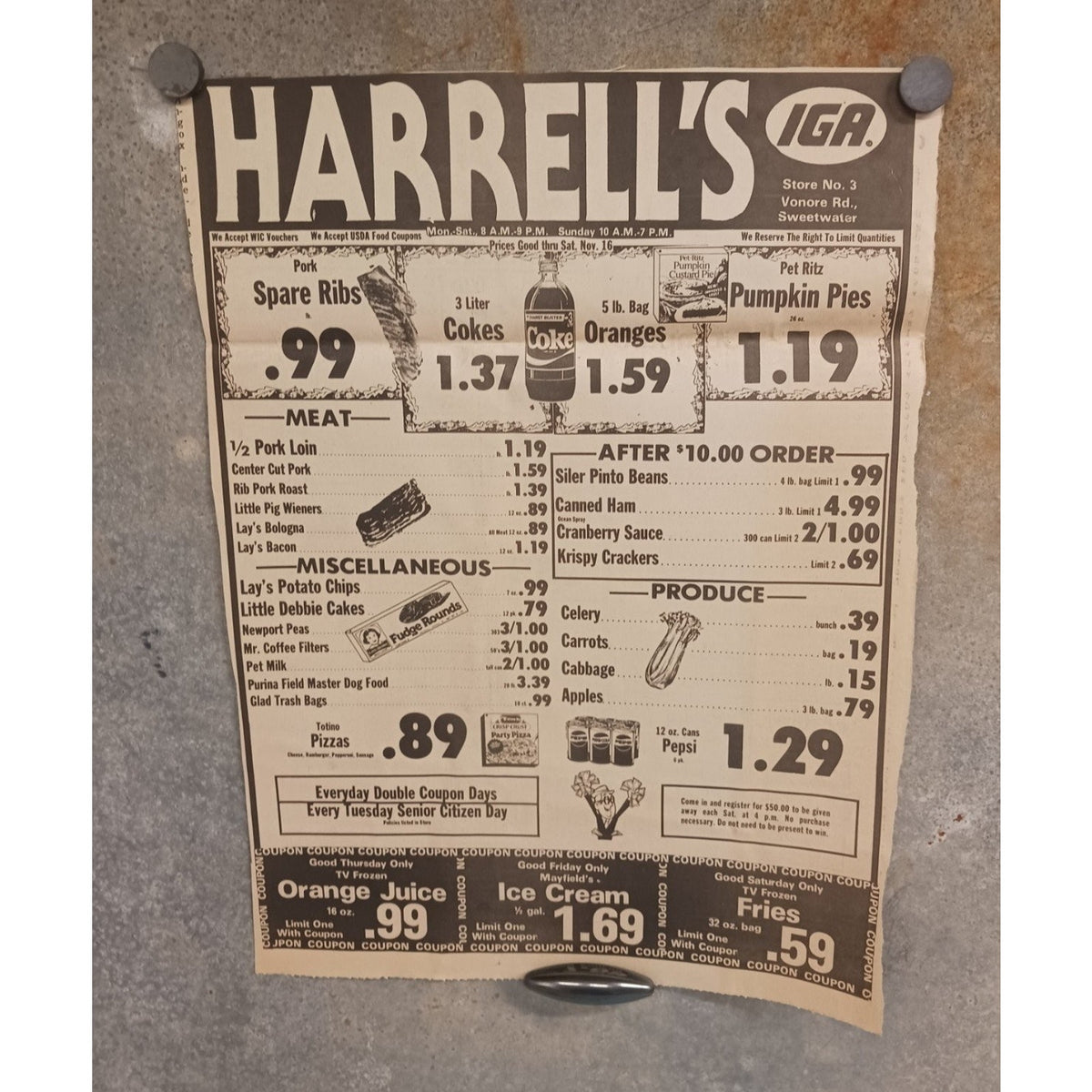 VTG 1980s HARRELL'S IGA Grocery Store Ad Sweetwater TN Coke Pepsi Food Prices