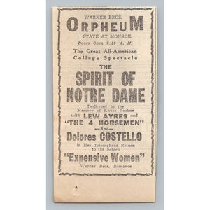 1931 Orpheum Theatre Print Ad The Spirit of Notre Dame Knute Rockne Dolores
