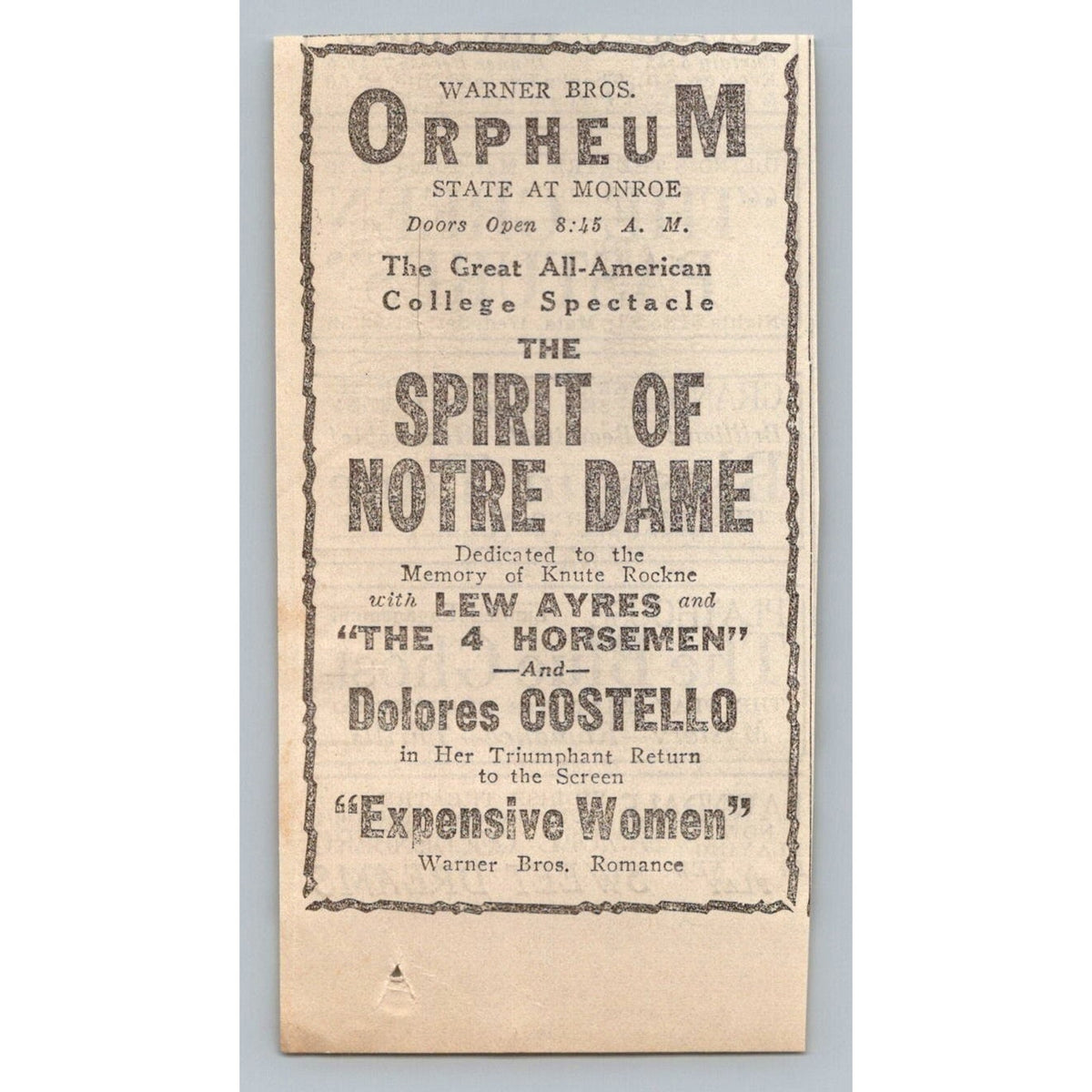 1931 Orpheum Theatre Print Ad The Spirit of Notre Dame Knute Rockne Dolores
