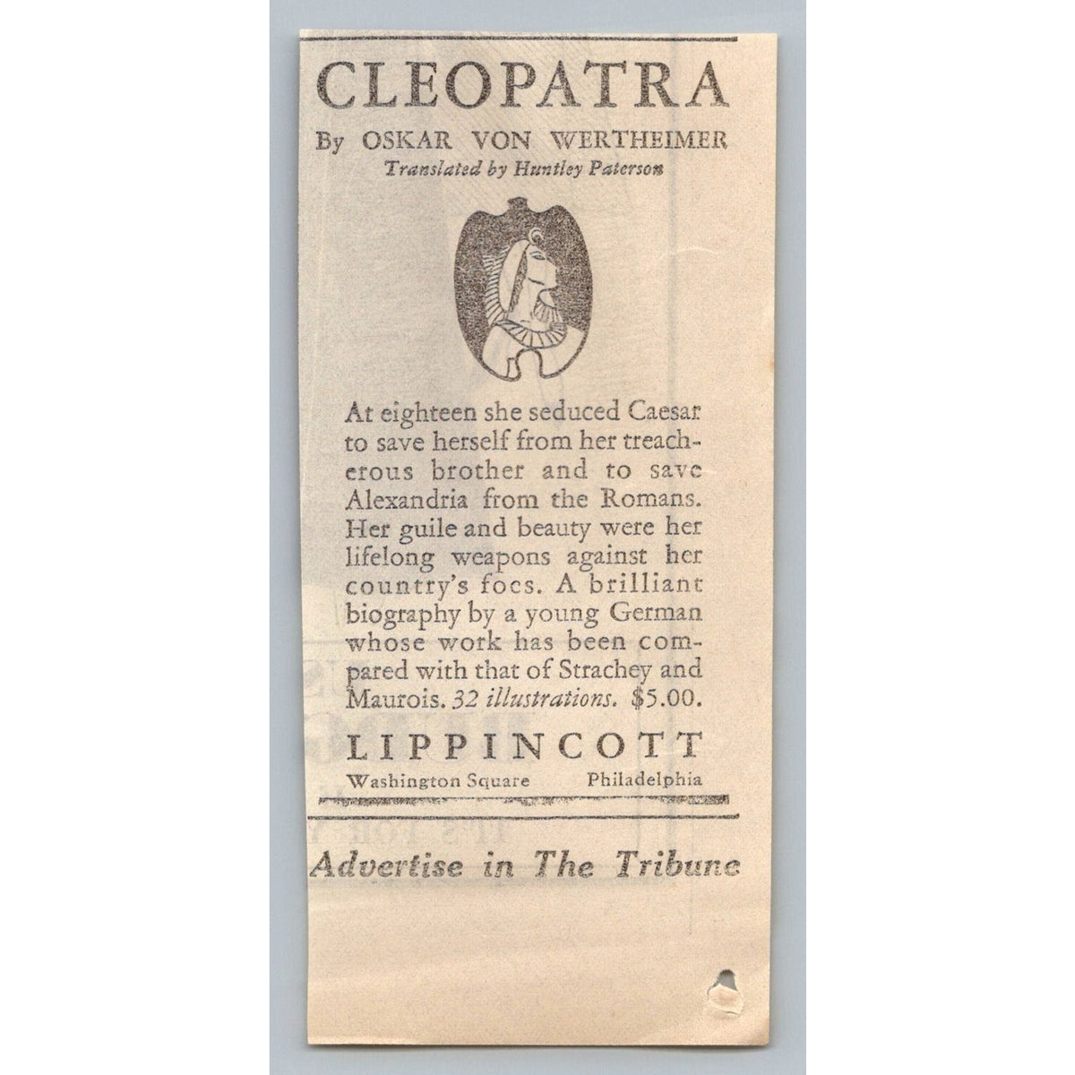 1931 Cleopatra Book Print Ad Oskar von Wertheimer Lippincott Philadelphia