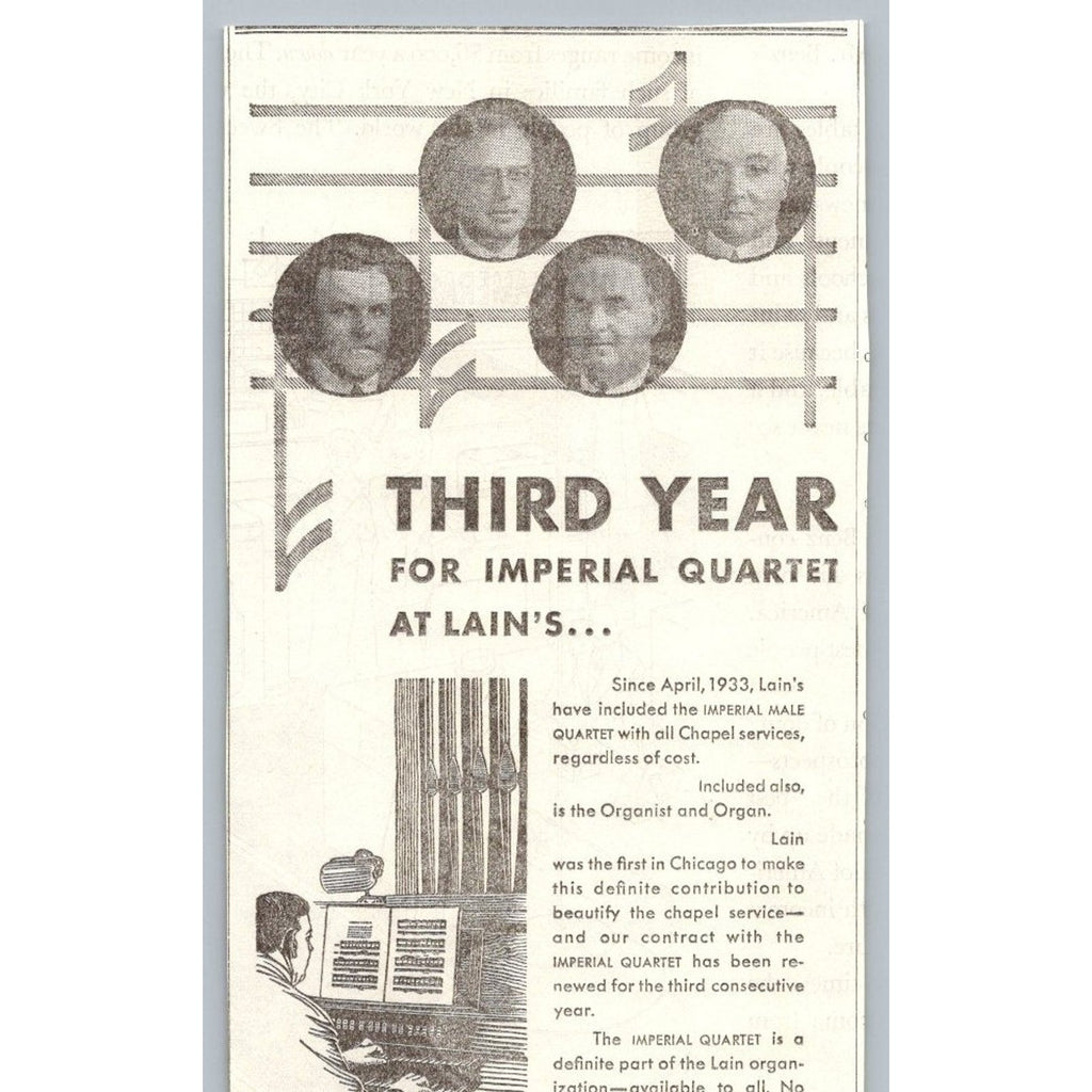 1935 Chicago Lain & Son Undertakers Imperial Quartet Organist Ephemera Print Ad