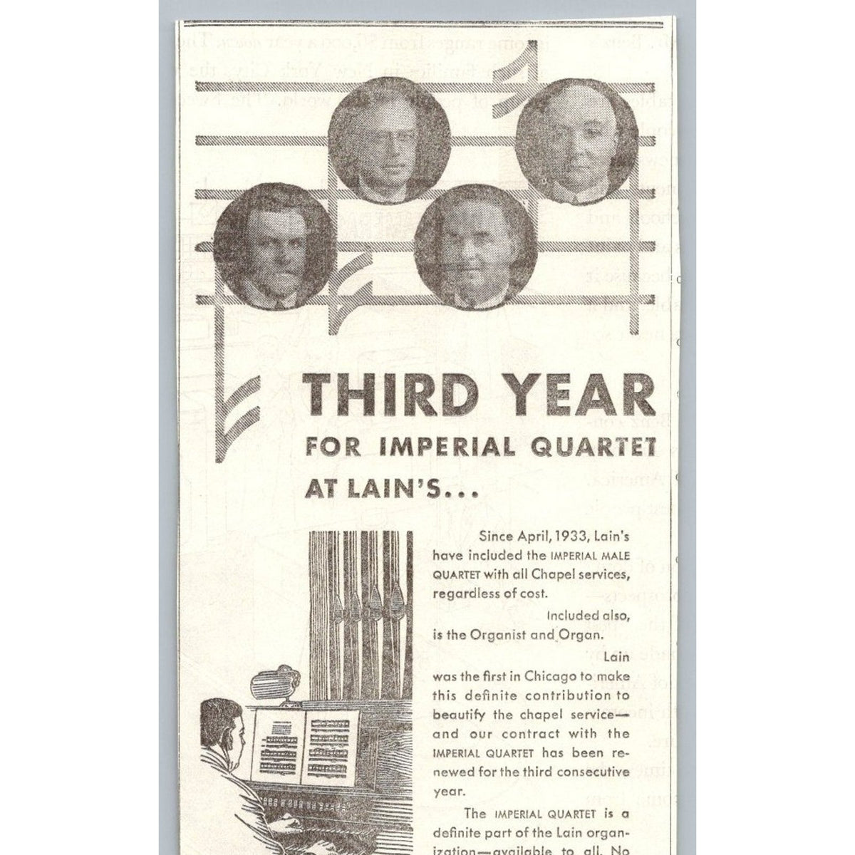 1935 Chicago Lain & Son Undertakers Imperial Quartet Organist Ephemera Print Ad