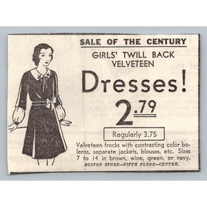 1930s Boston Store Velveteen Dress Ad Ephemera Girls Fashion