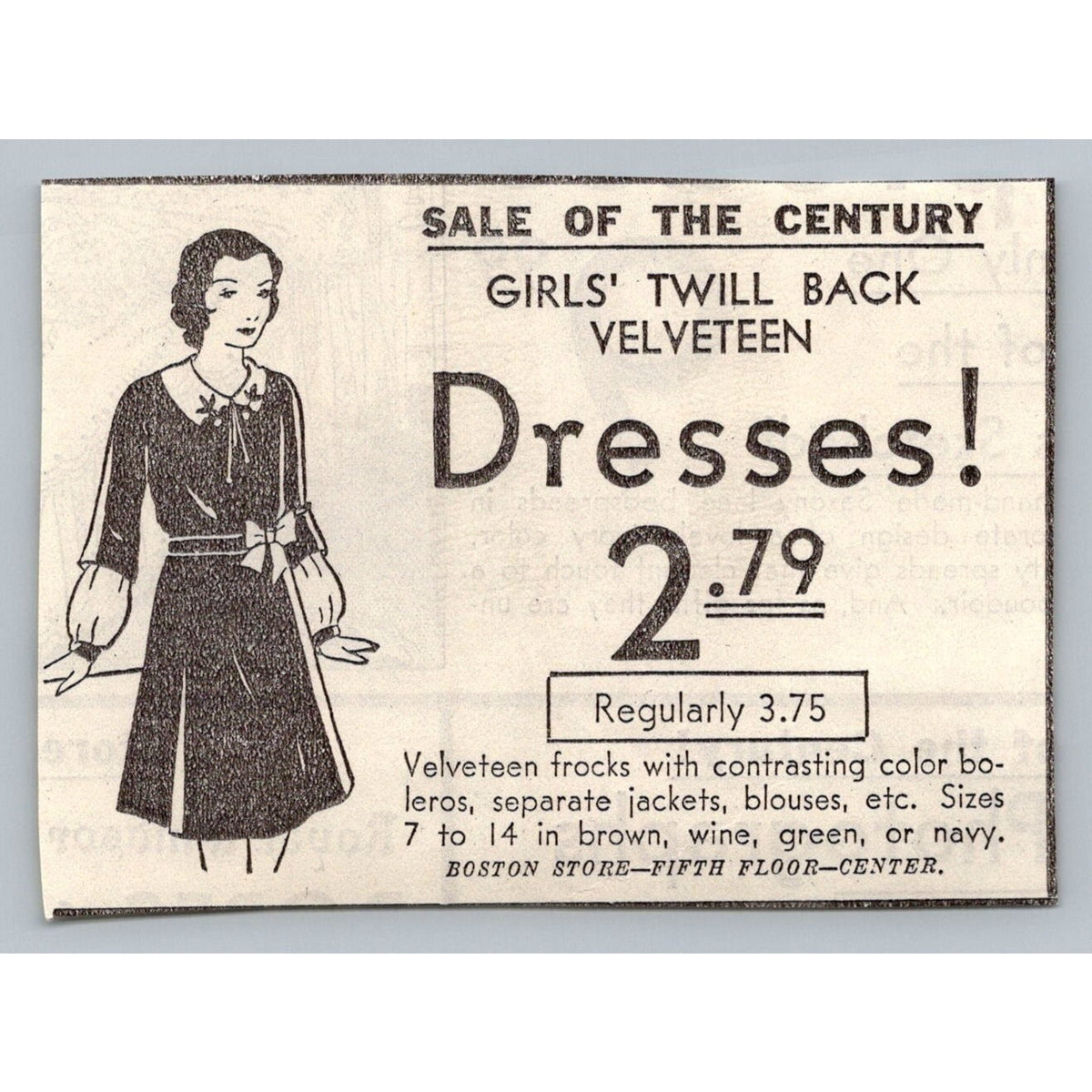 1930s Boston Store Velveteen Dress Ad Ephemera Girls Fashion