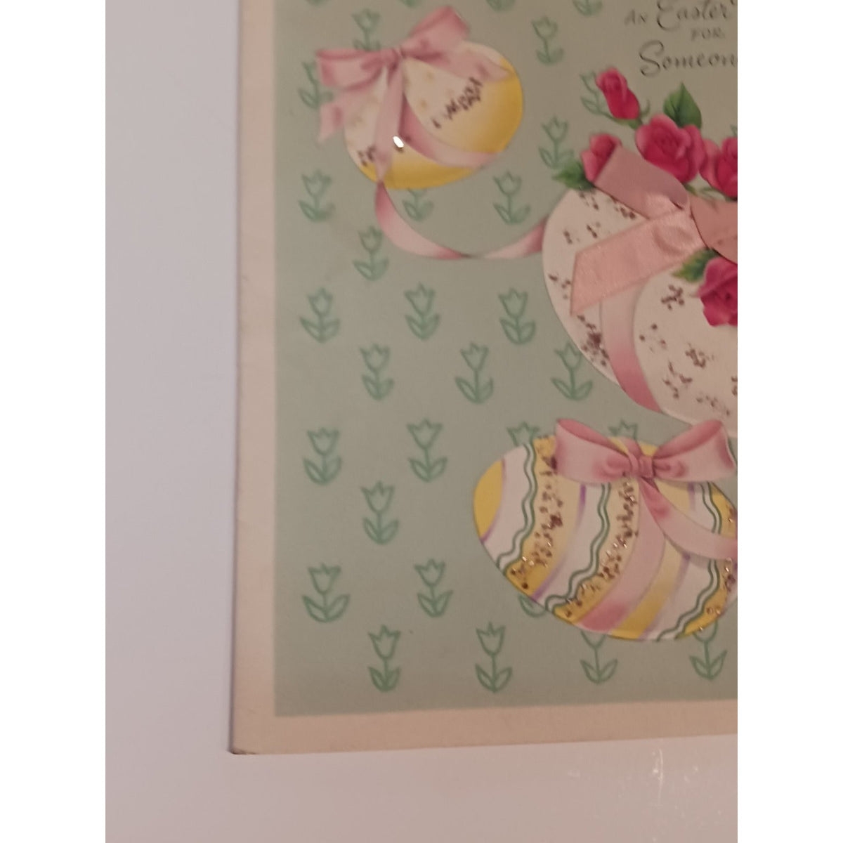 Vintage 1950s American Greetings Easter Card Glitter Pink Roses Eggs Ephemera