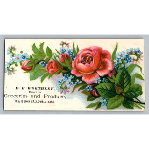 Antique D E Worthley Groceries Lowell MA Trade Card 1800s Floral Rose Ad