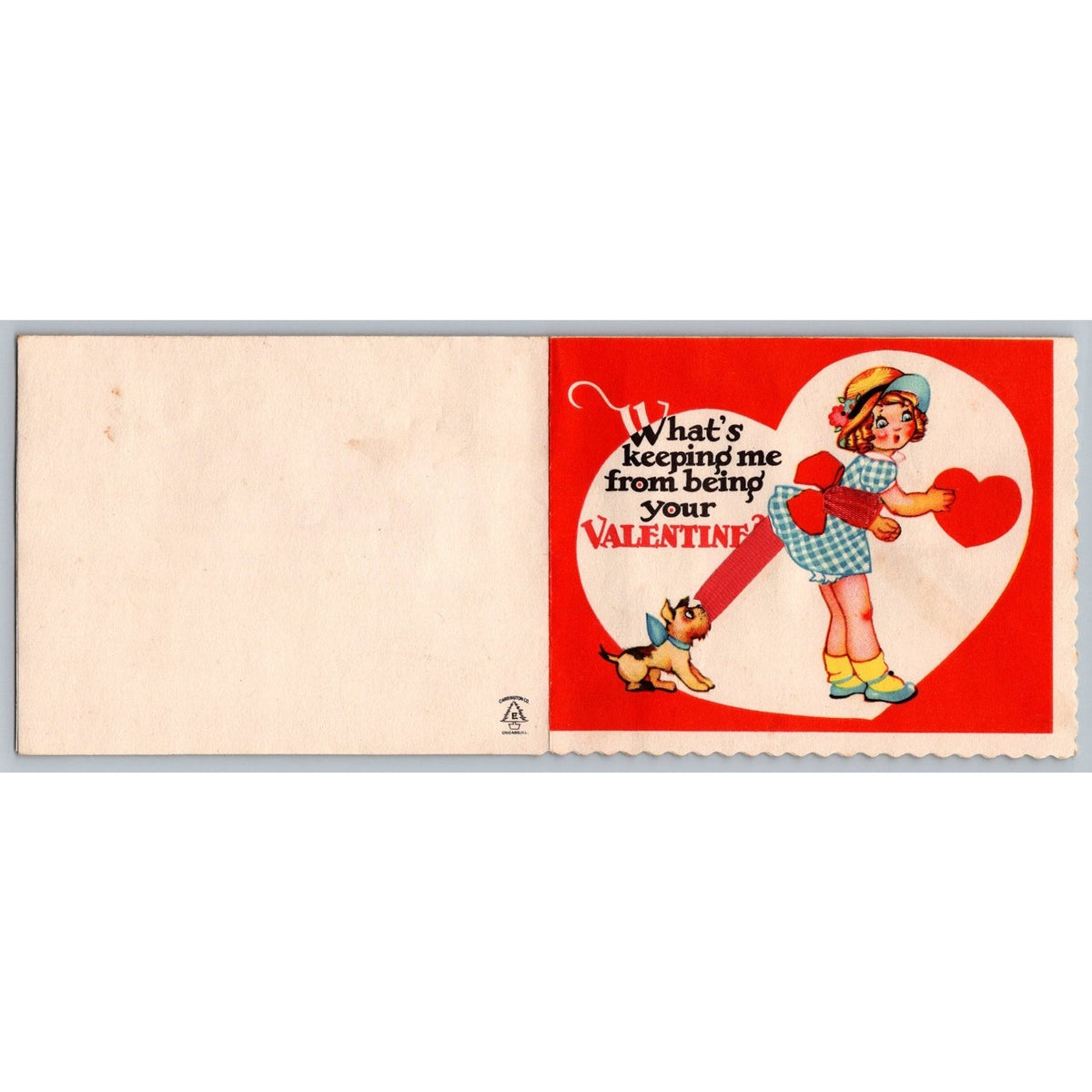 Vintage 1938 American Greetings Valentine Card Girl Dog Pulling Leg Original