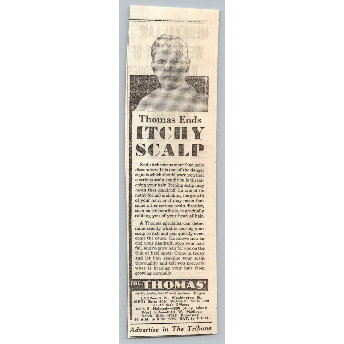 1933 Chicago Thomas Hair Scalp Specialist Newspaper Print Ad Ephemera