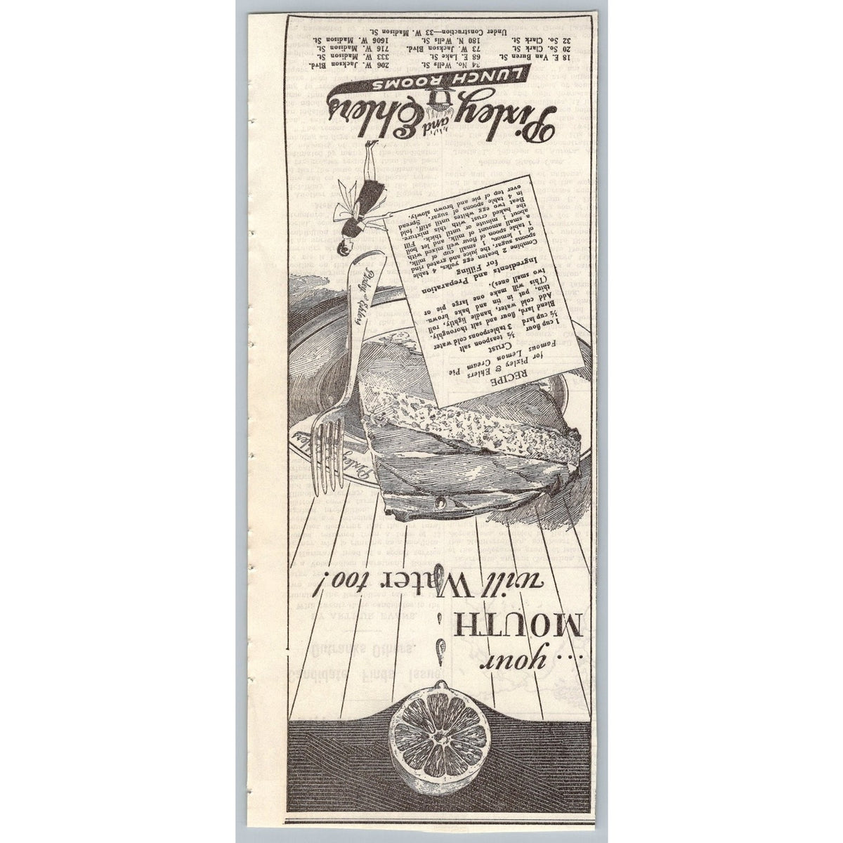 1930 Pixley & Ehlers Chicago Lunch Rooms Recipe Print Ad 1930s Lemon Pie