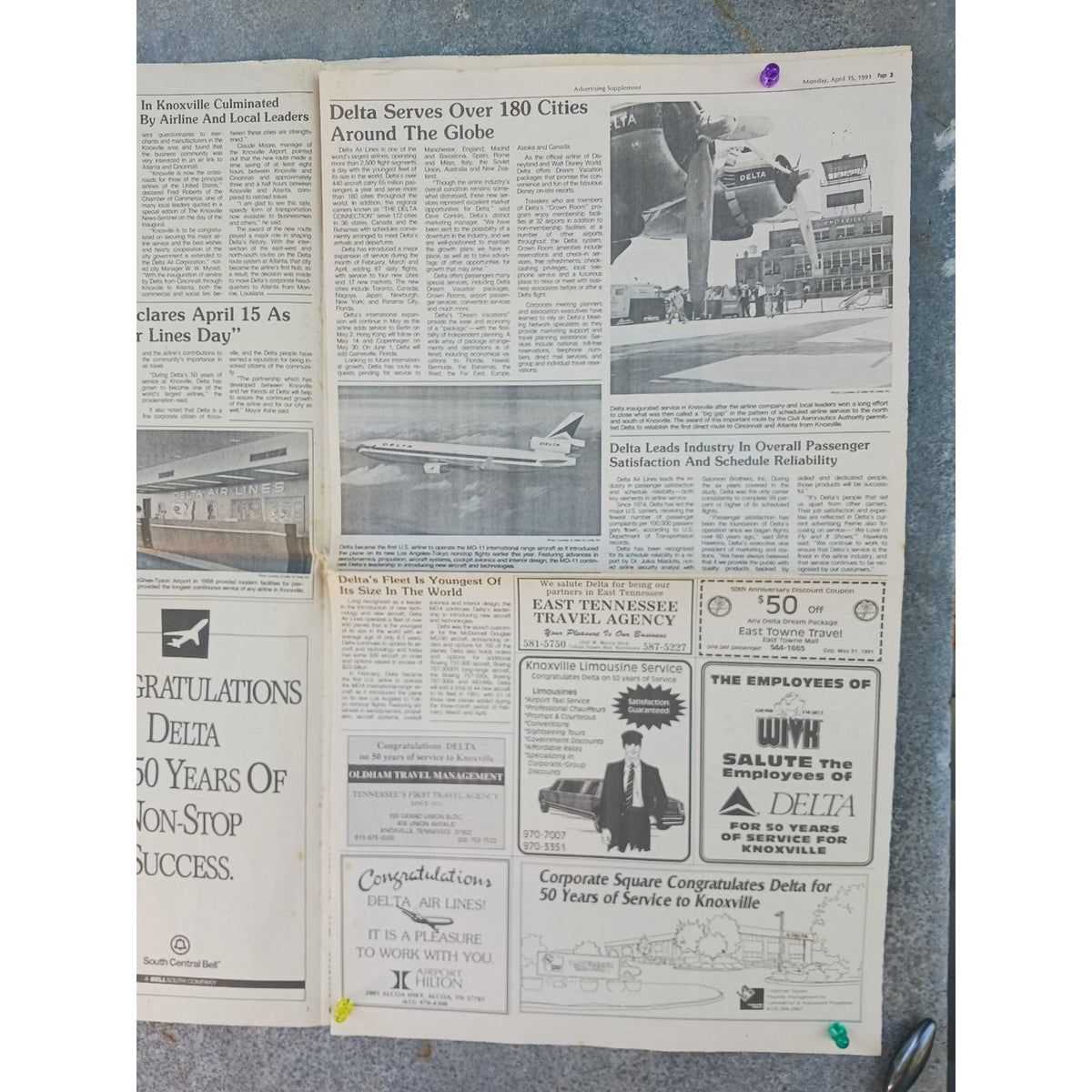 Delta Air Lines 50 Years Service Knoxville 1991 Newspaper Article Stewardess Art