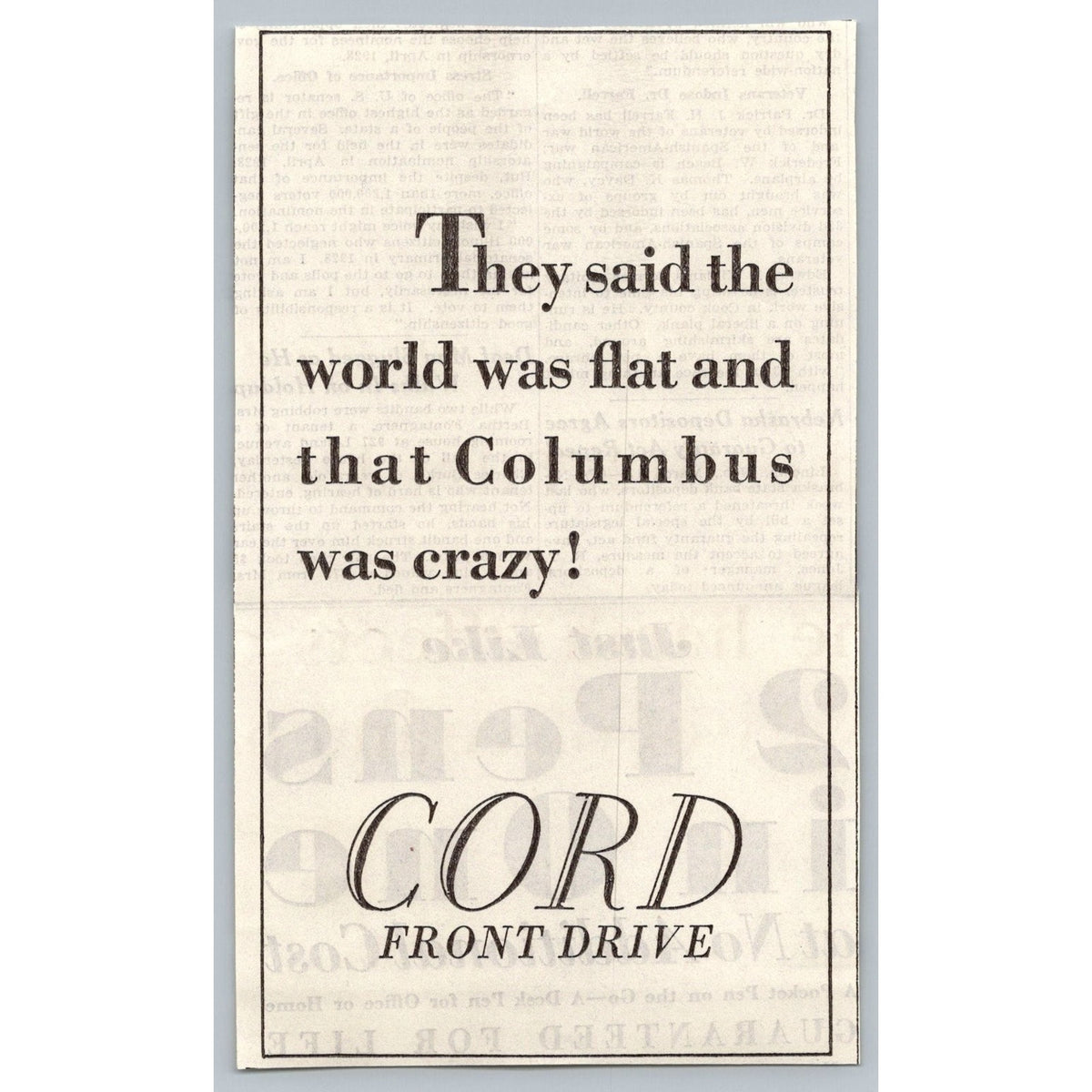 1930 Cord Front Drive Car Print Ad Vintage Automobile Ephemera