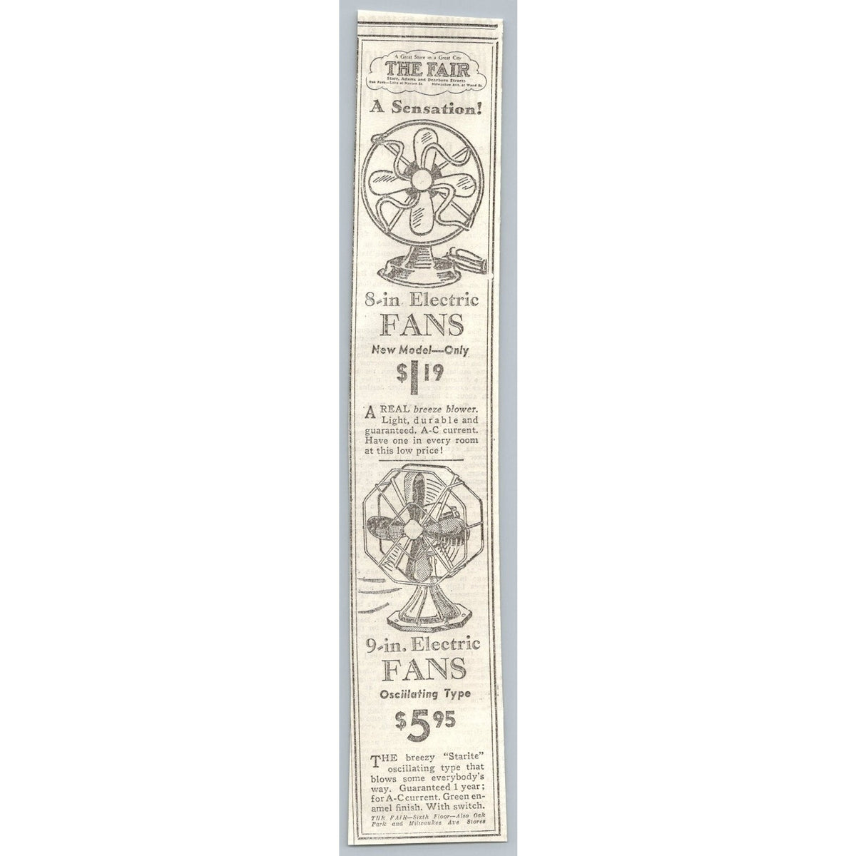 1933 THE FAIR Chicago Electric Fan Newspaper Ad Ephemera Vintage Art Deco 1930s