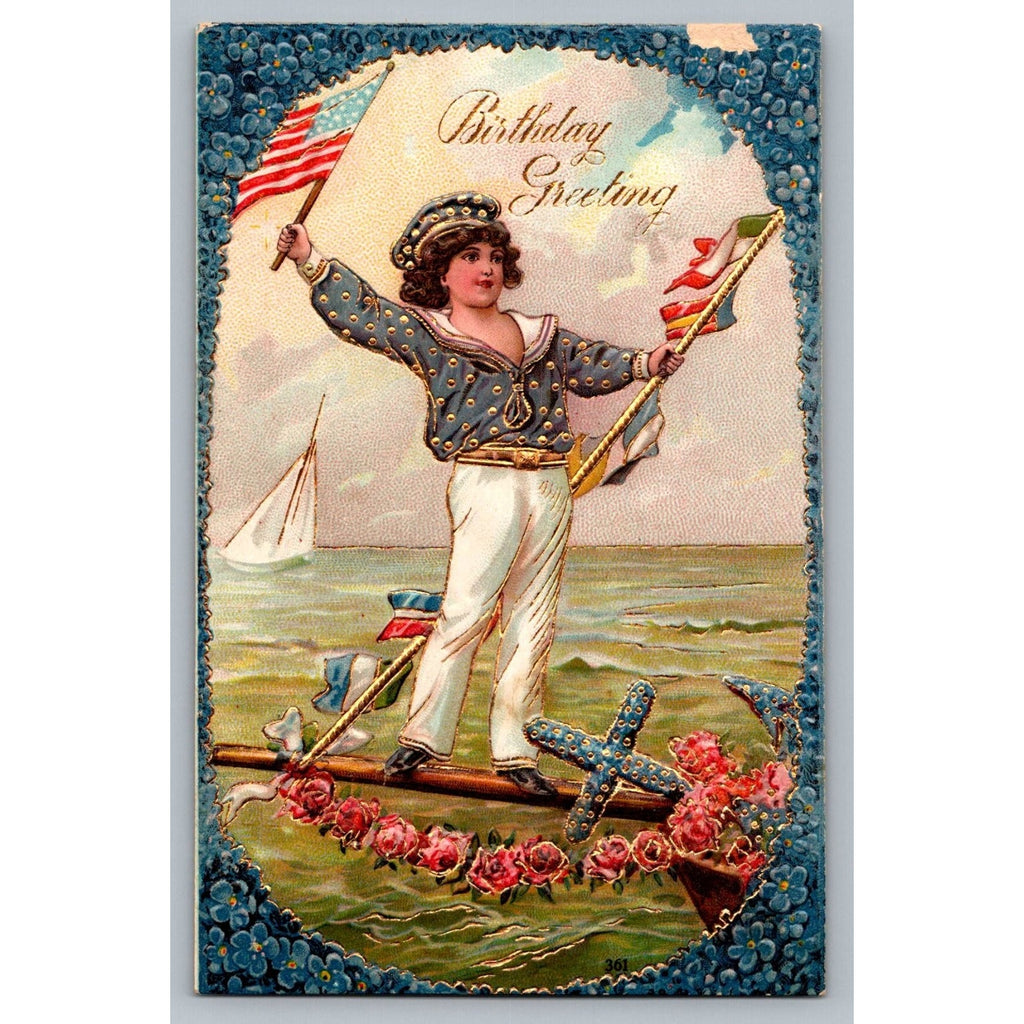 Vintage Embossed Sailor Boy Birthday Greeting Postcard Germany Forget Me Nots