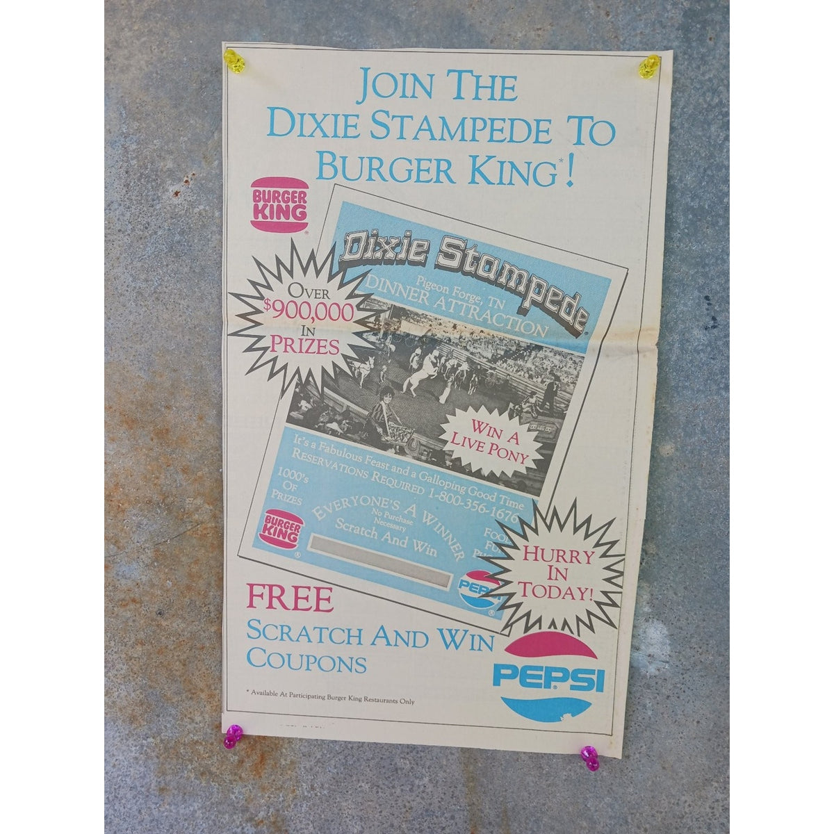 Dixie Stampede Burger King Pepsi Promo Print Ad 1980s Pigeon Forge TN