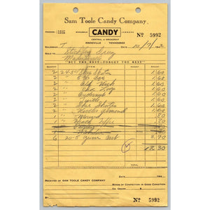 1942 Sam Toole Candy Company Invoice Knoxville TN Vintage Ephemera Receipt