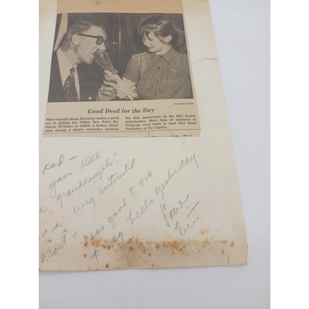 Handwrote Note Signed Estes Kefauver W/ Daughter Newspaper Clipping Sent To Dad