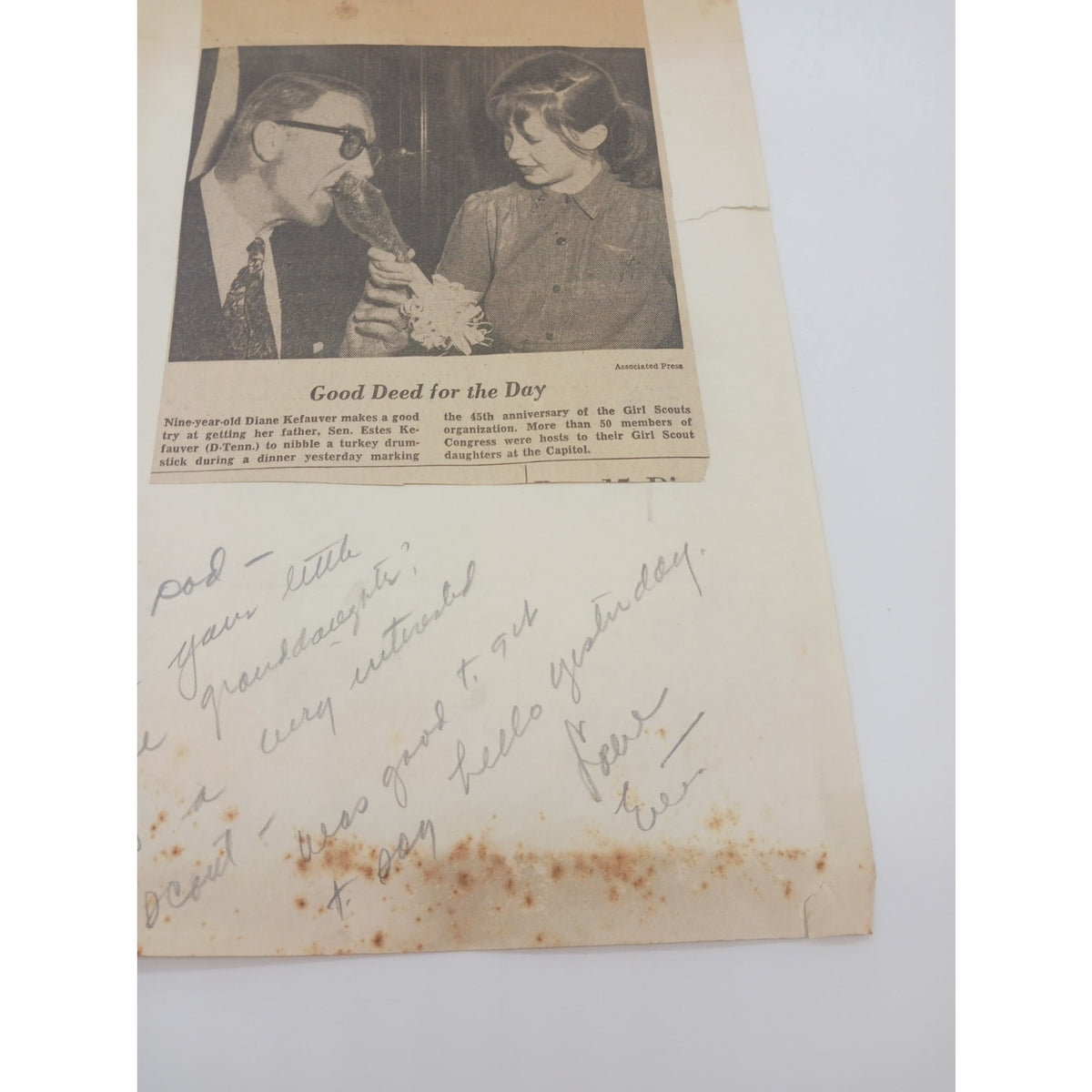 Handwrote Note Signed Estes Kefauver W/ Daughter Newspaper Clipping Sent To Dad