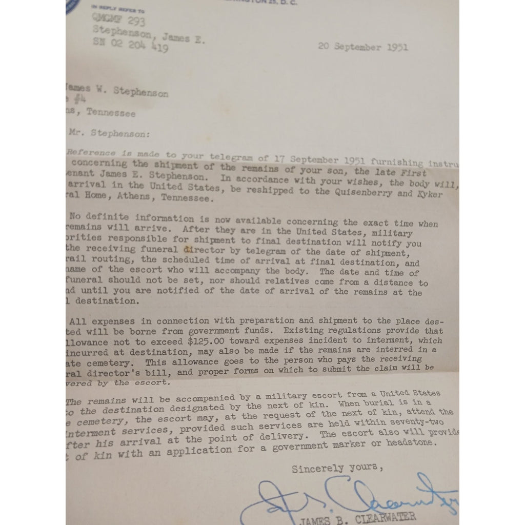Korean War US Army Letters Document Lot KIA Remains Home 1st Lt James Stephenson