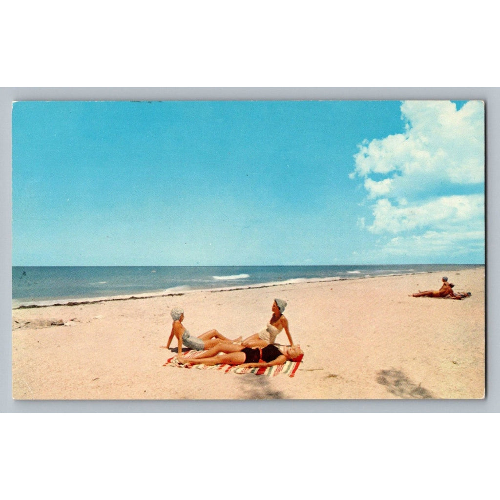 Vintage Indian Rocks Beach FL Postcard Women Sunbathing Ward Beckett Mid-Century