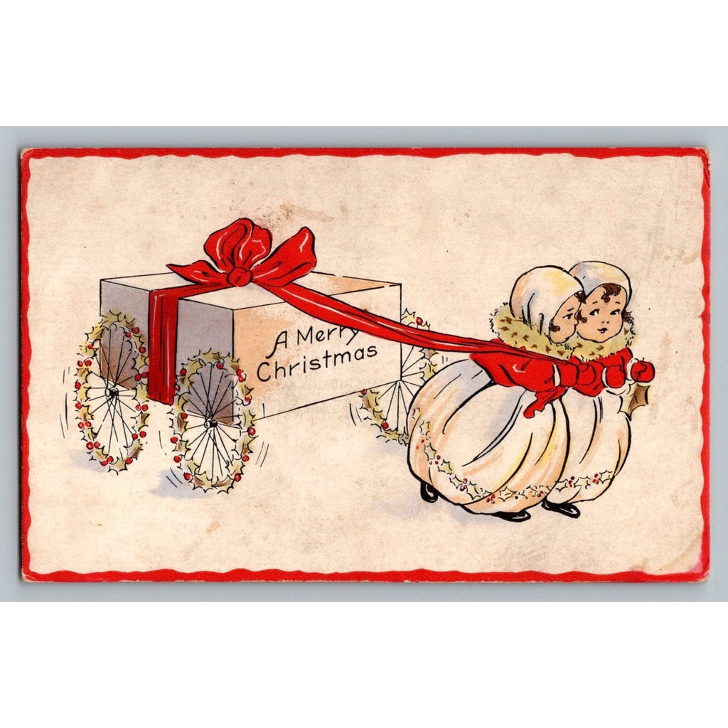Whitney Made Christmas Postcard Children Pulling Gift Box Antique Holiday