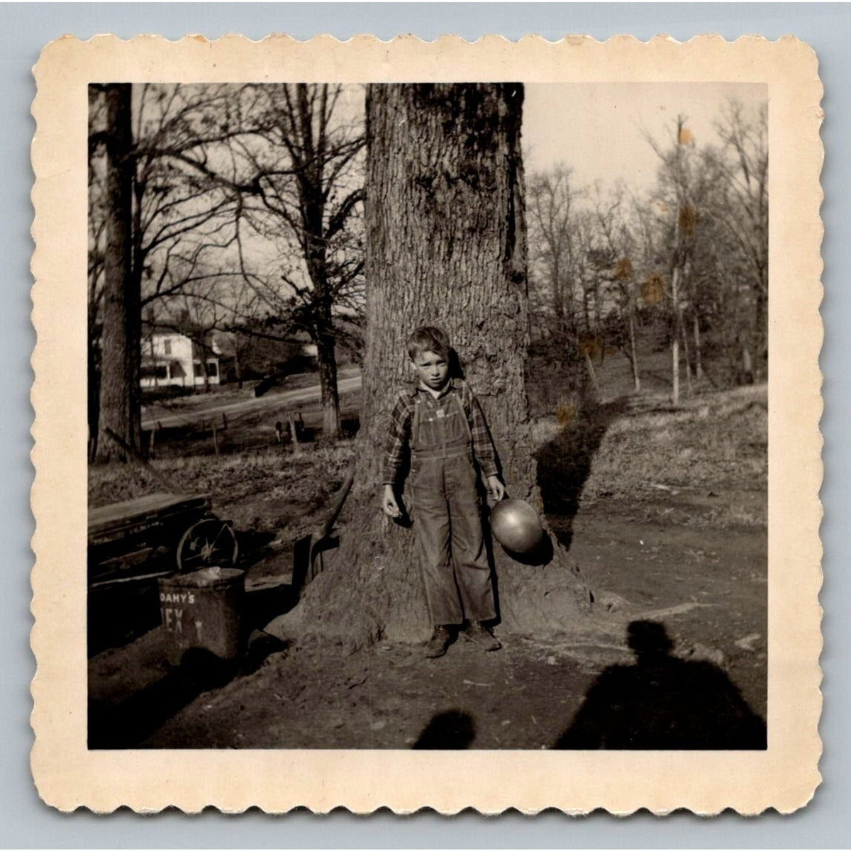 Young Boy 1940s-1950s Snapshot Photograph Rural Scene Americana Bucket Farm