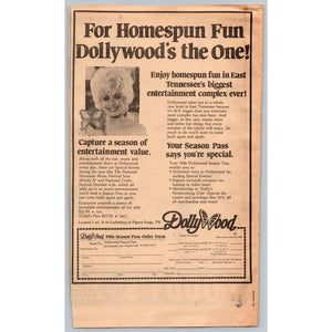 1986 Dollywood Season Pass Ad Dolly Parton Pigeon Forge TN Ephemera Homespun Fun