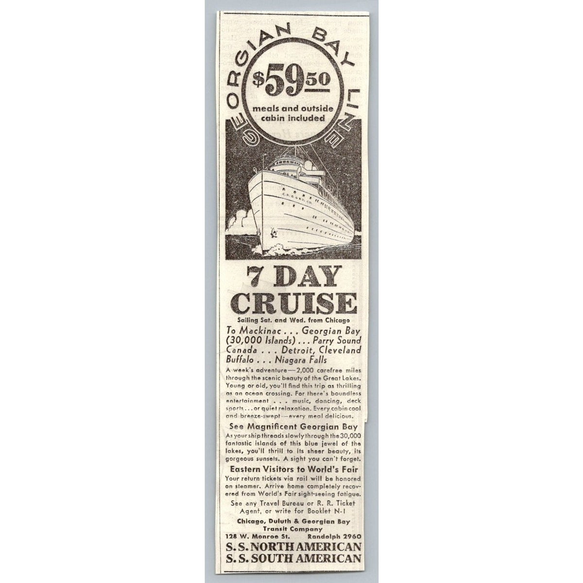 1933 Chicago World's Fair Georgian Bay Line Cruise Ship Travel Ad Steam