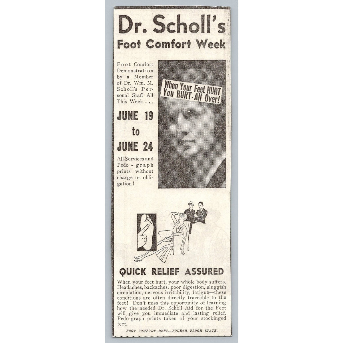 Dr Scholl's Foot Comfort Week Vintage 1930s Newspaper Ad Ephemera Pedo graph
