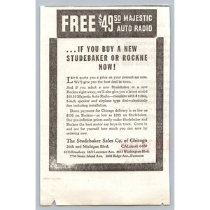 1933 Studebaker Rockne Car Chicago Auto Radio Advertisement Ephemera