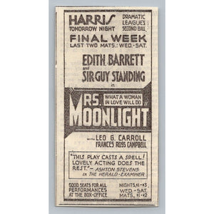 1931 Harris Theatre Mrs Moonlight Print Ad Edith Barrett Sir Guy